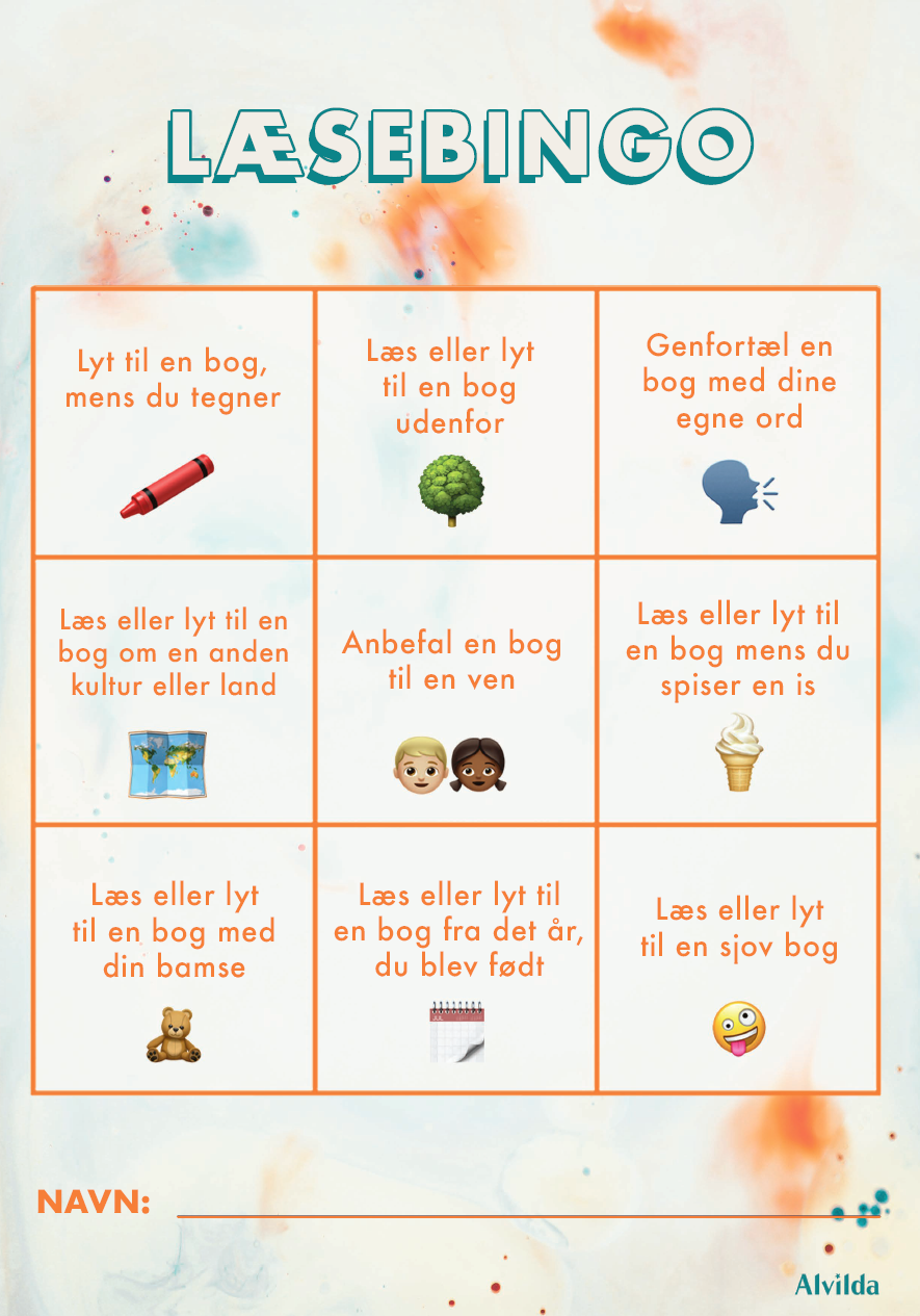 Forside til Alvildas materiale "Læsebingo" med ni felter, der kan krydses af, hvis man har lavet den læseaktivitet.