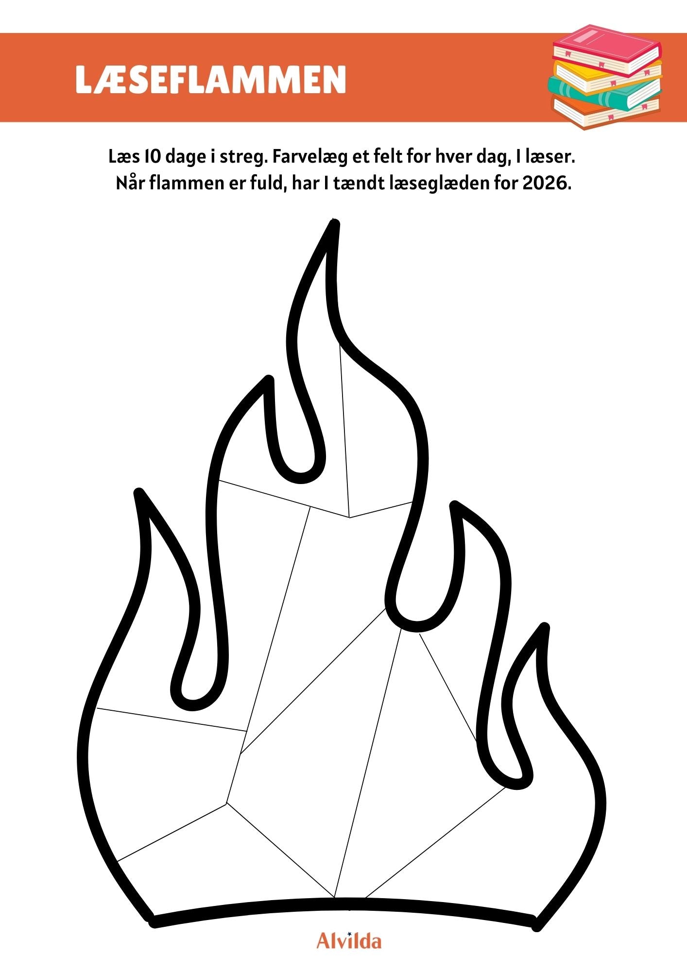 Forside til Alvildas materiale med "Læseflammen". Der er en sort hvid flamme, inddelt i 10 forskellige sektioner, der alle kan udfyldes med farver.