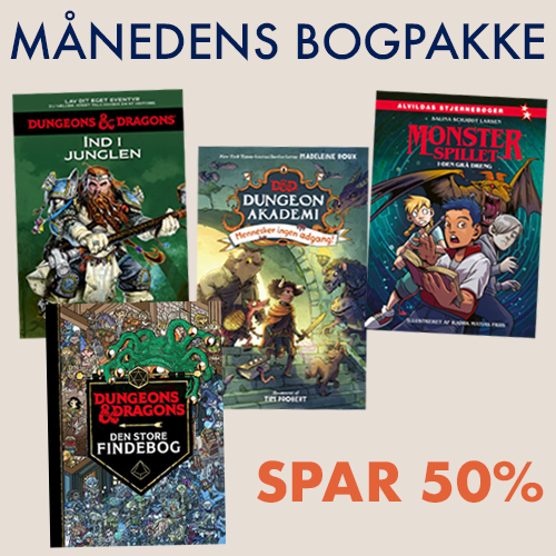 Forsider til bøgerne "Monsterspillet 1: Den grå dreng", "Dungeons & Dragons - Lav dit eget eventyr: Ind i junglen", "Dungeons & Dragons - Den store findebog" og "Dungeons & Dragons - Dungeon Akademi 1: Mennesker ingen adgang" på en beige baggrund samt teksten "Månedens bogpakke. Spar 50%".