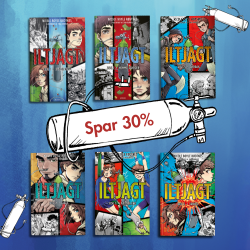 Blå baggrund med alle 6 bøger i serien Iltjagt. I midten en tegning af en iltdunk med teksten ”Spar 30%” på. To iltdunke ses i hjørnerne.
