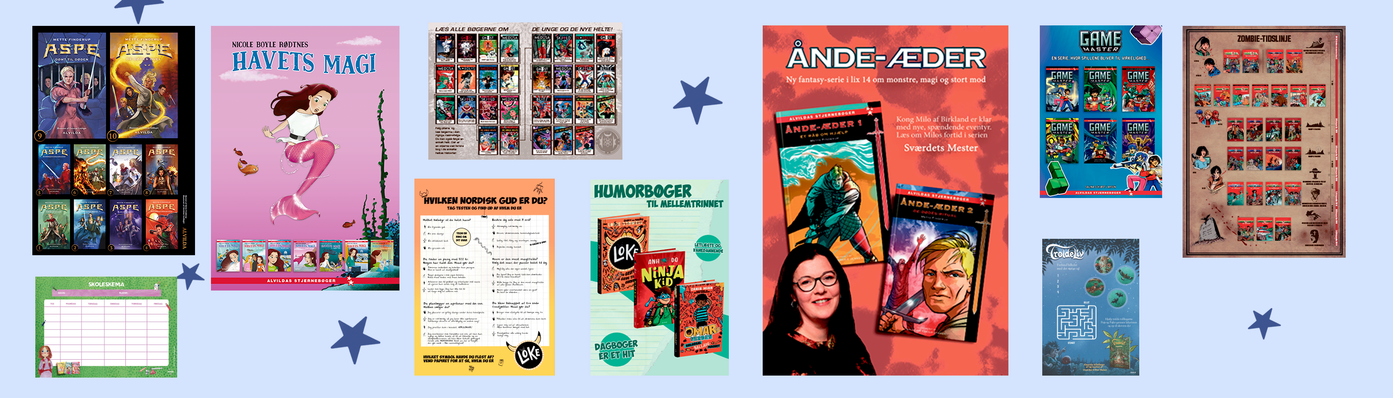 Banner med en masse eksempler på gratis materiale, der kan downloades. Lyseblå baggrund.