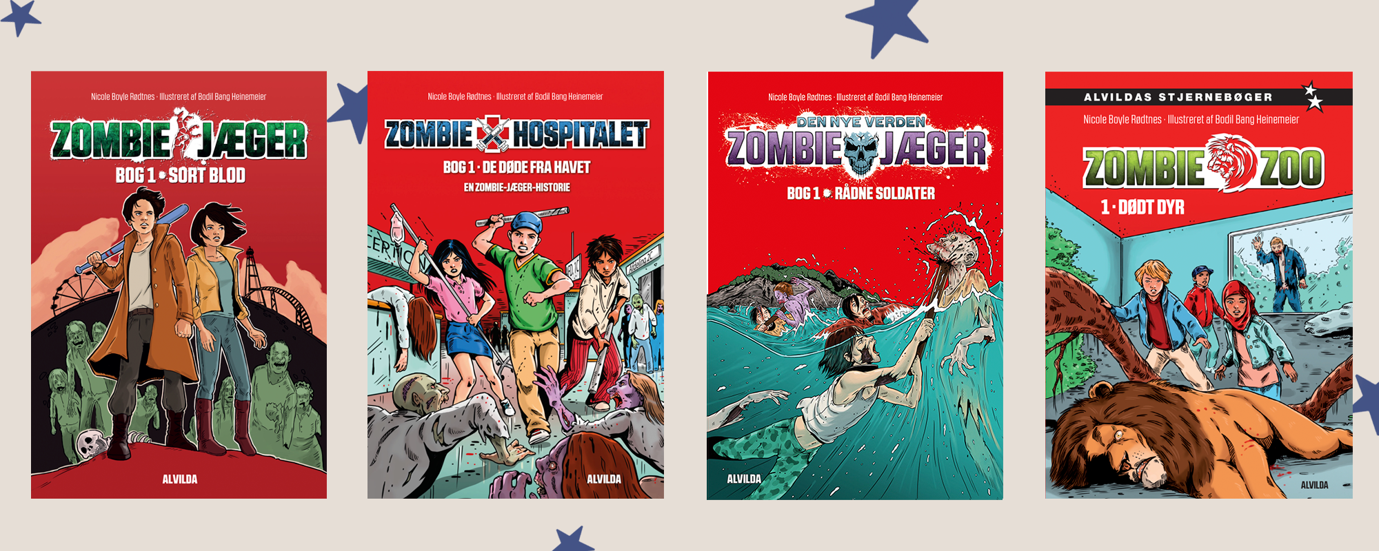 4 forsider til bøger fra Nicole Boyle Rødtnes' zombie-univers. Forsider til bøgerne "Zombie-jæger 1: Sort blod", "Zombie-hospitalet 1: De døde fra havet", "Zombie-jæger - Den nye verden 1: Rådne soldater" og "Zombie zoo 1: Dødt dyr".