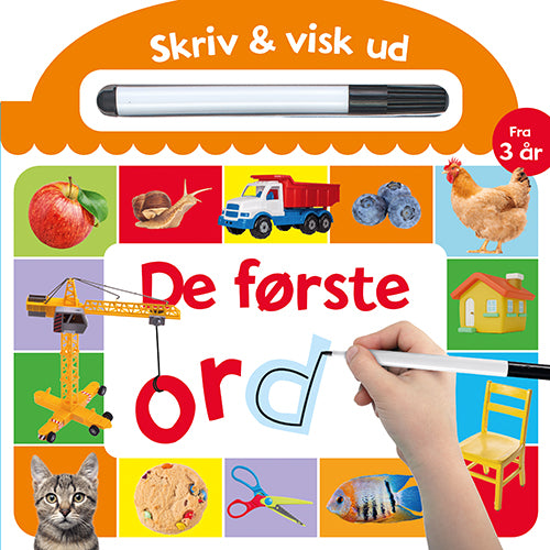 Forside til bogen "Skriv og visk ud – De første ord (papbog med ikke-permanent pen)"