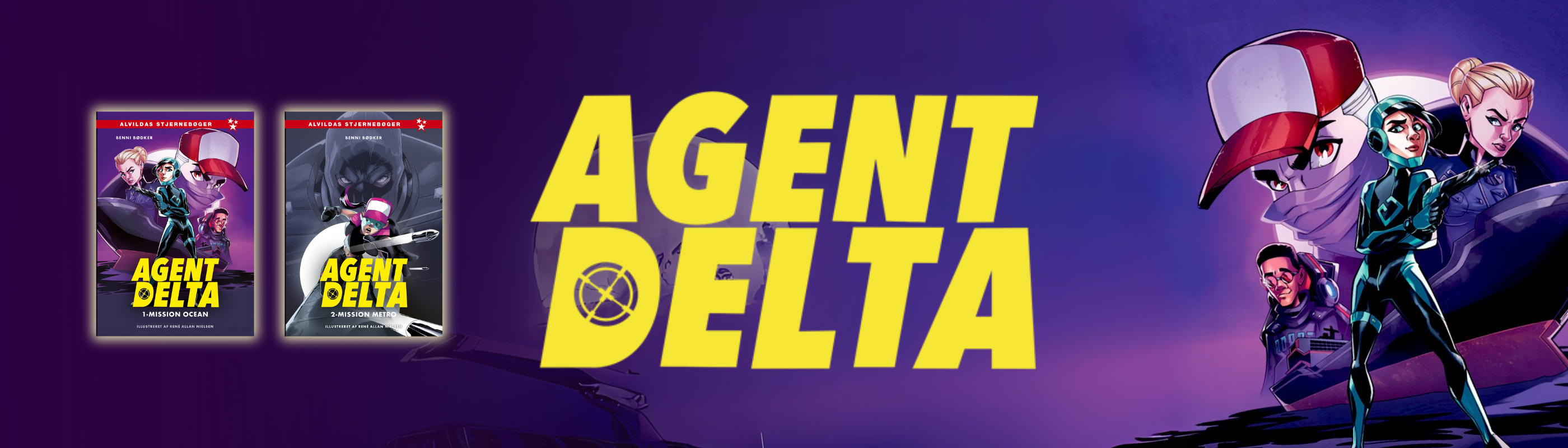 Banner med teksten "Agent Delta" samt forsiderne fra de to første bøger  serien  Agent Delta. I højre side ses nogle af en illustration af de vigtigste figurer i serien.