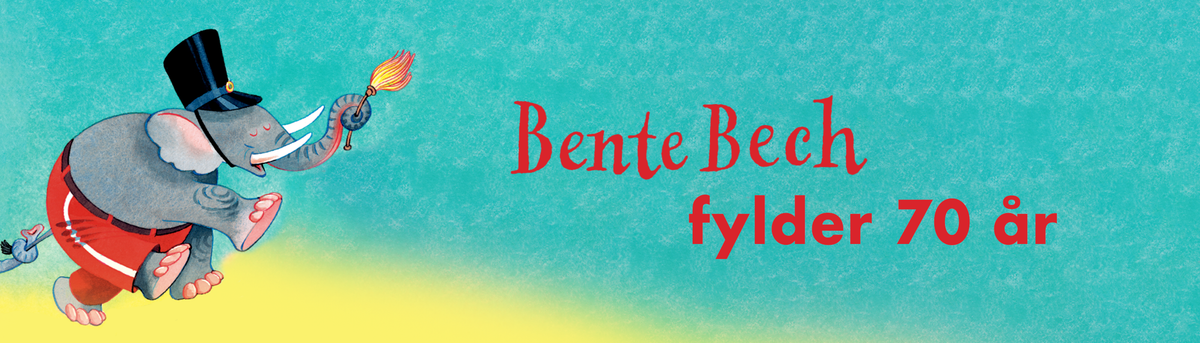 Banner med blå og og gul baggrund, en sød lille tegnet elefant med hat på og en fakkel i snablen samt teksten "Bente Bech fylder 70 år"