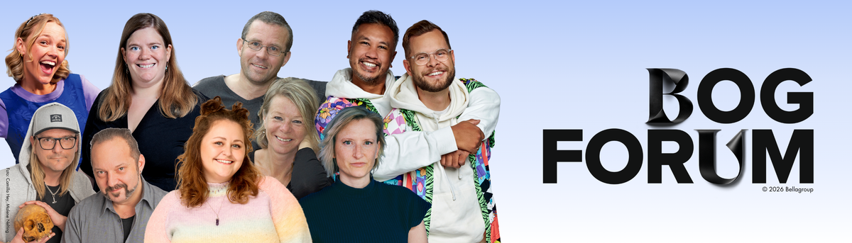 Bogforums logo og fotos af alle de deltagende forfattere fra Alvilda i 2026.