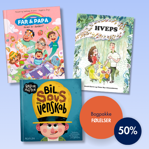 Forsider af bøgerne ”Baldur med hatten – Bil, sovs og venskab”, ”Hveps” og ”Far & Papa – Hvad er døden?”. Splash med teksten ”Bogpakke: Følelser” og ”50”.