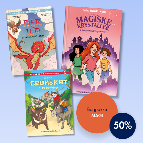 Forsider af bøgerne ”Fjer & Ild 1”, Grum & Kat 1” og ”De magiske krystaller 1”. Splash med teksten ”Bogpakke: Magi” og ”50%”.