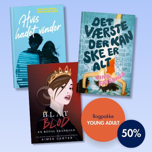 Forsider af bøgerne "Hvis hadet vinder", "Det værste der kan ske er alt" og "Blåt blod 1". Splash med teksten ”Bogpakke: Young adult” og ”50%”.