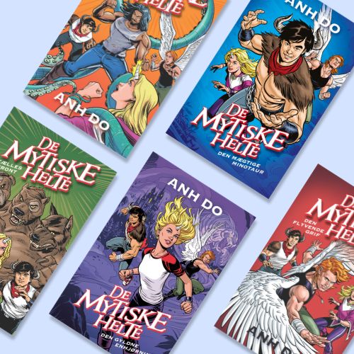 5 bøger fra serien De mytiske helte. Lyseblå baggrund