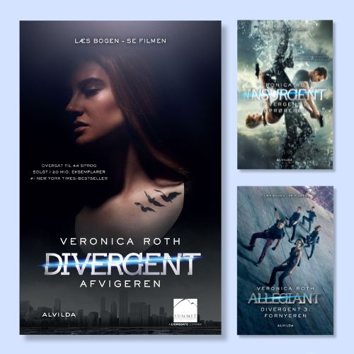 3 bøger fra serien Divergent (filmdgaver). Lyseblå baggrund