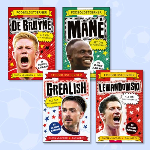 Firebøger fra serien Fodboldstjerner. Lyseblå baggrund.