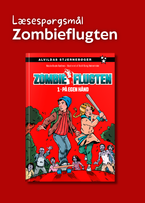 Billede med teksten "Læsespørgsmål til Zombieflugten" på en rød baggrund samt forside til bogen "Zombie-flugten 1: På egen hånd"