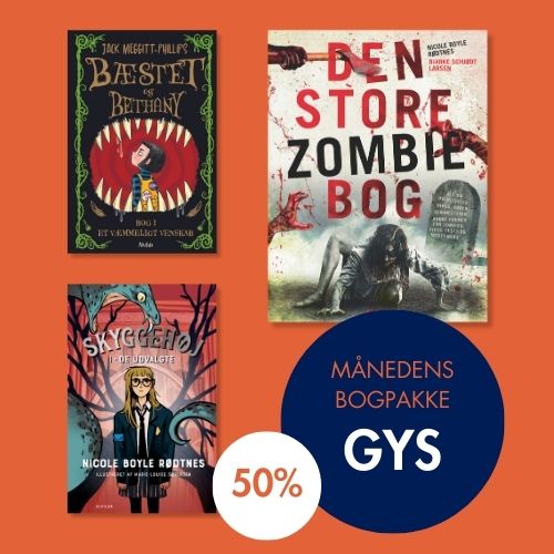 Orange baggrund, tre bøger og teksten ”Månedens bogpakke: GYS – 50%”