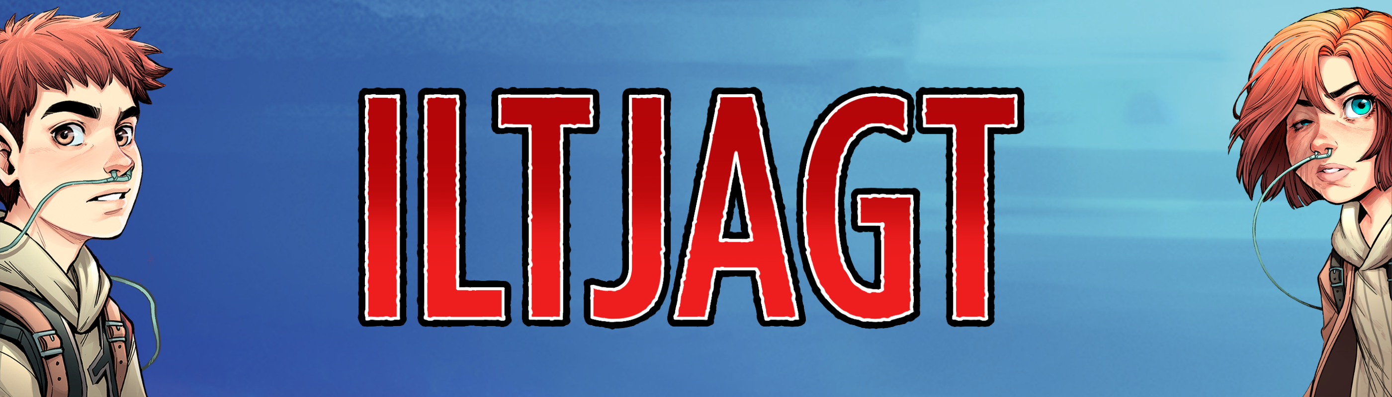 Banner med blå baggrund, teksten ”ILTJAGT” og illustrationer af serien Iltjagts to hovedpersoner