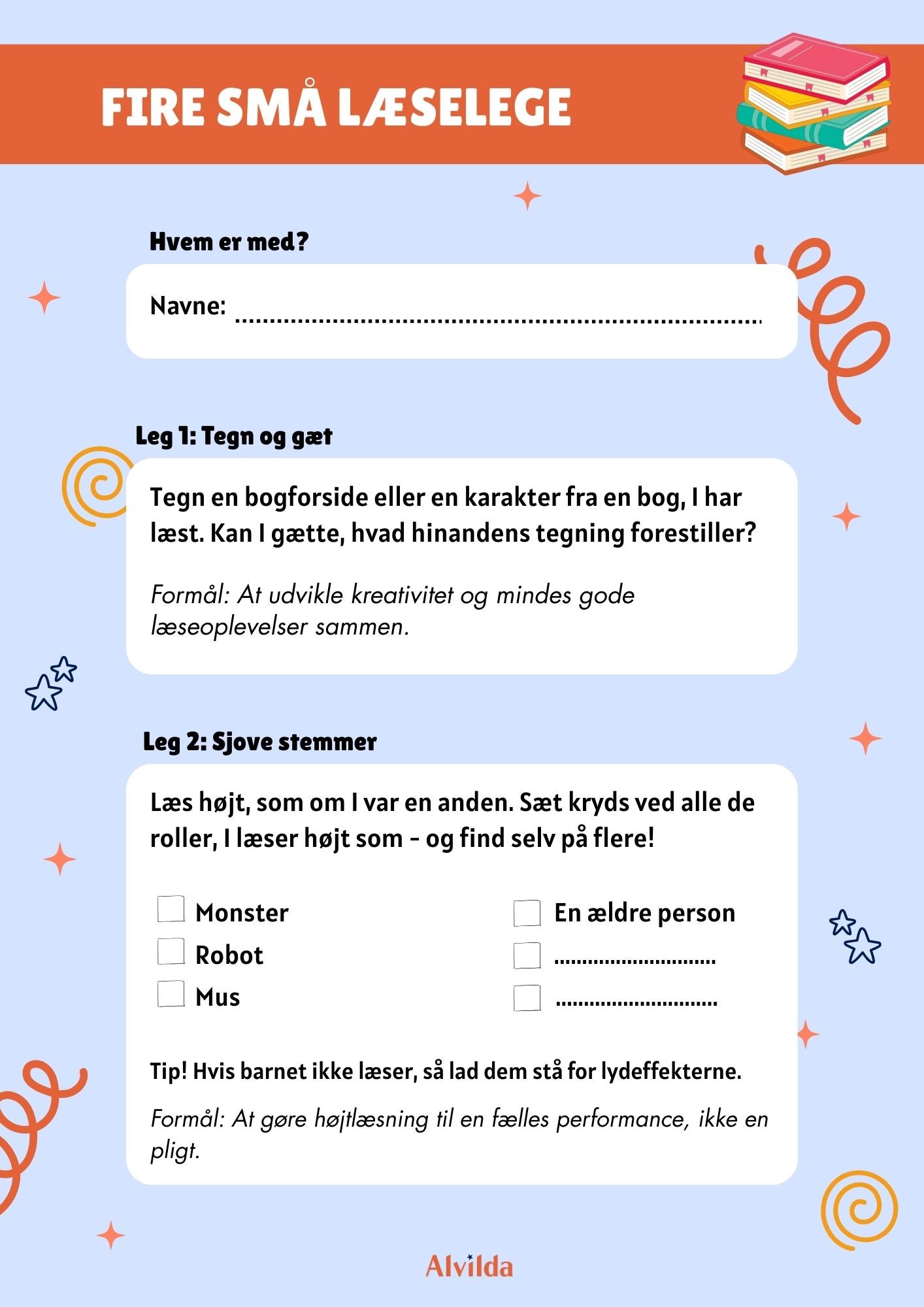 Forside til Alvildas materiale med fire små læselege. Der er tre overordnede felter på forsiden; 'Hvem er med?', 'Leg 1: Tegn og gæt' og 'Leg 2: Sjove stemmer'. 