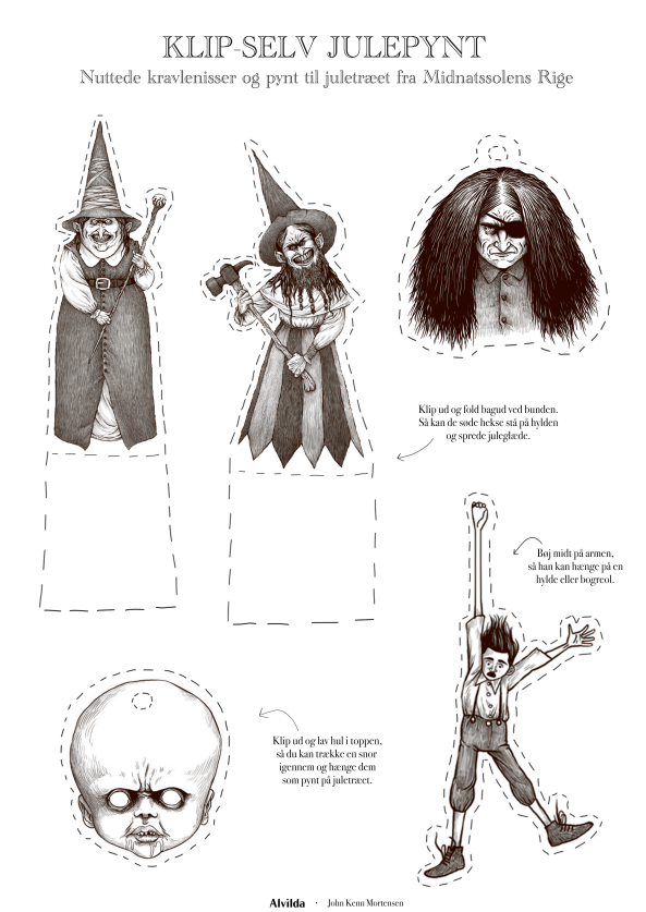 Et aktivitets ark med teksten klip-selv julepynt med 5 forskellige figurer fra bogen "Midnatssolens rige 1".