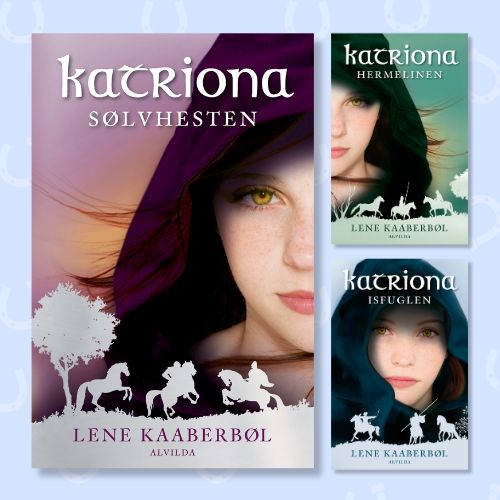 3 bøger fra serien Katriona. Lyseblå baggrund.