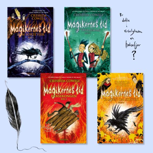 4 bøger fra serien Magikernes tid. Lyseblå baggrund med teksten "Er dette i virkeligheden en heksefjer?"