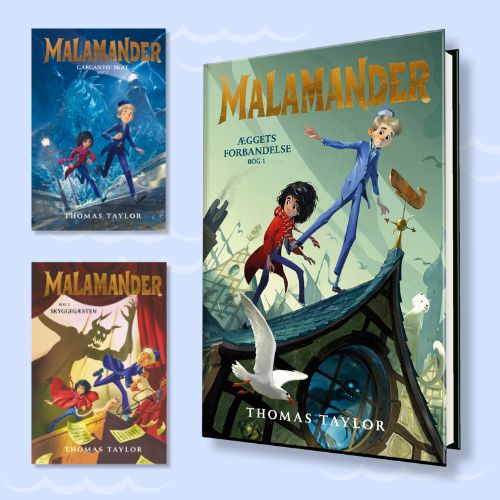 3 bøger fra serien Malamander. Lyseblå baggrund.