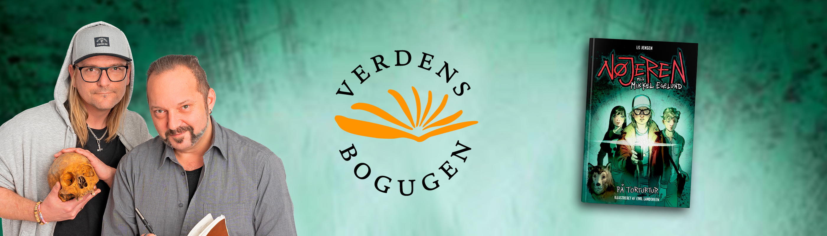 Banner med teksten "Verdensbog-ugen" samt forsiden til bogen "Nøjeren 1" og foto af bogens forfattere LG Jensen & Mikkel Egelund
