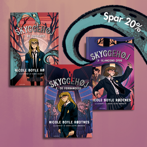 Gammelrosa baggrund med 3 bøger i serien Skyggehøj. Øverst ses spidsen af en slangehale med teksten ”Spar 20%” på.