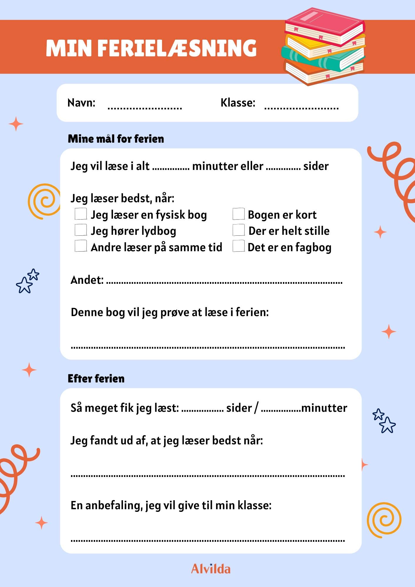 Ark med overskriften ”Min ferielæsning”. Arket er lyseblåt med små orange snirkler og blå stjerner på. Der er tekst med forskellige ting, børn kan svare på vedr. deres mål for ferielæsningen, og hvordan det er gået med læsningen efter ferien.