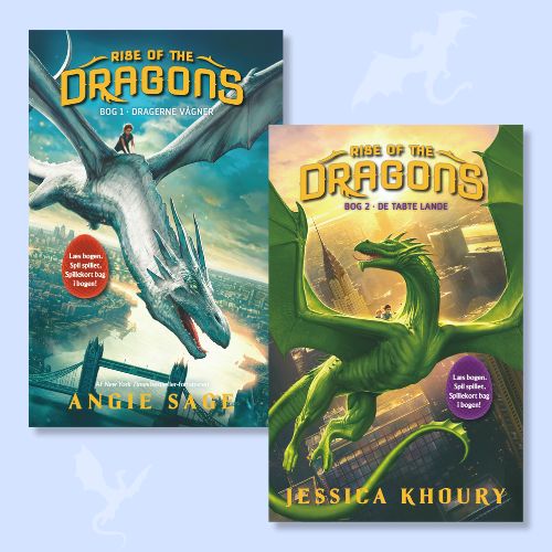 2 bøger fra serien Rise of the Dragons. Lyseblå baggrund.
