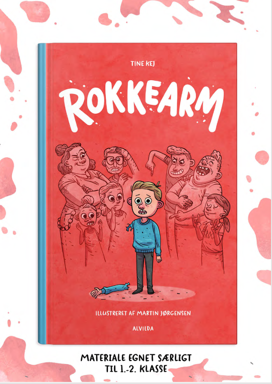 Forside til undervisningsmateriale til bogen "Rokkearm 1" - her ses bogens forside samt teksten "Materiale egnet særligt til 1.-2. klasse"