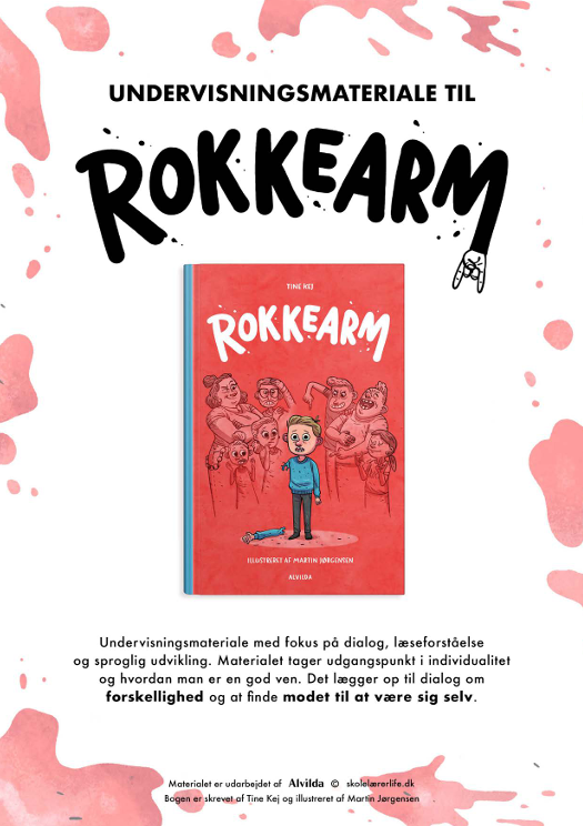 Forside til undervisningsmateriale til bogen "Rokkearm 1" - her ses bogens forside samt en tekst, der fortæller mere om indholdet i undervisningsmaterialet.