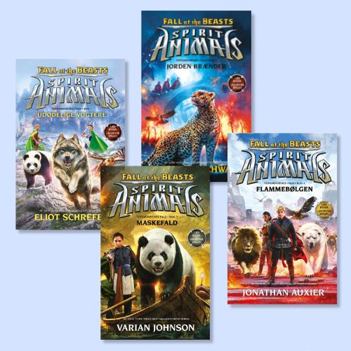 4 bøger fra serien Spirit Animals - Fall of the Beasts. Lyseblå baggrund